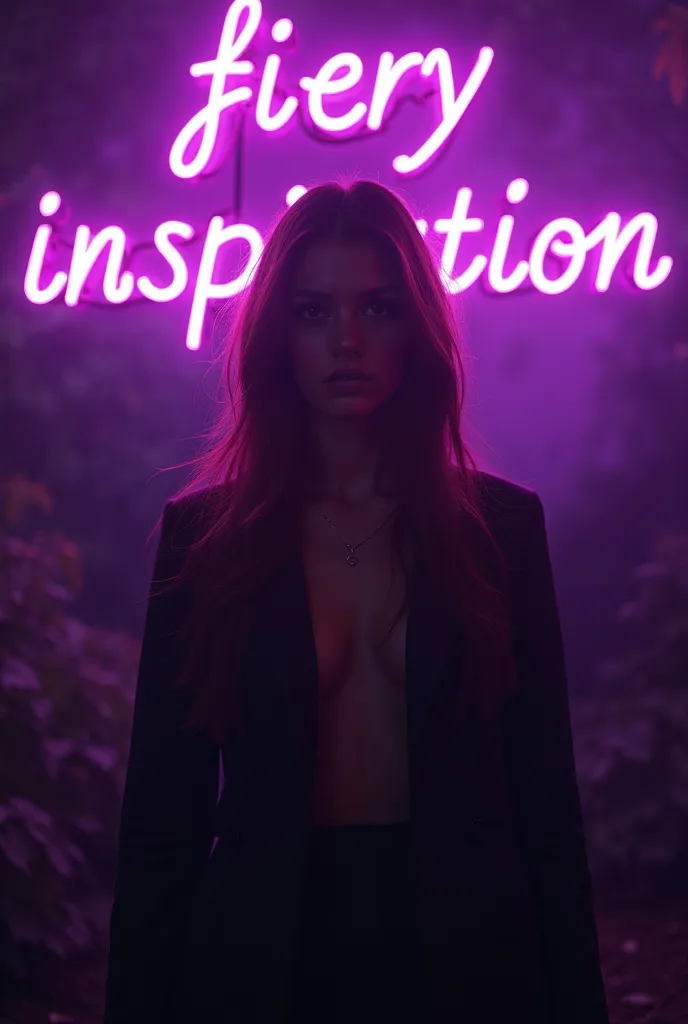 a beautiful woman standing in a dark environment with the word [Fiery inspiration] In purple neon letters 