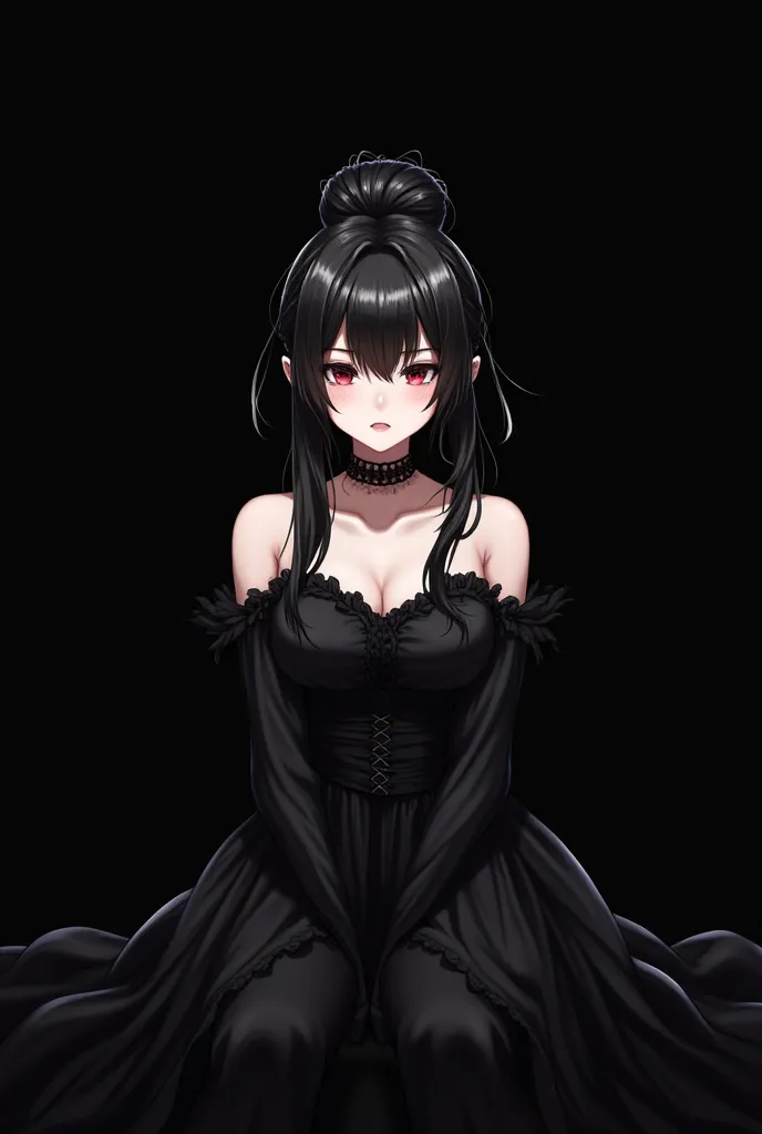 Black hair tied up black face black dress made in anime 