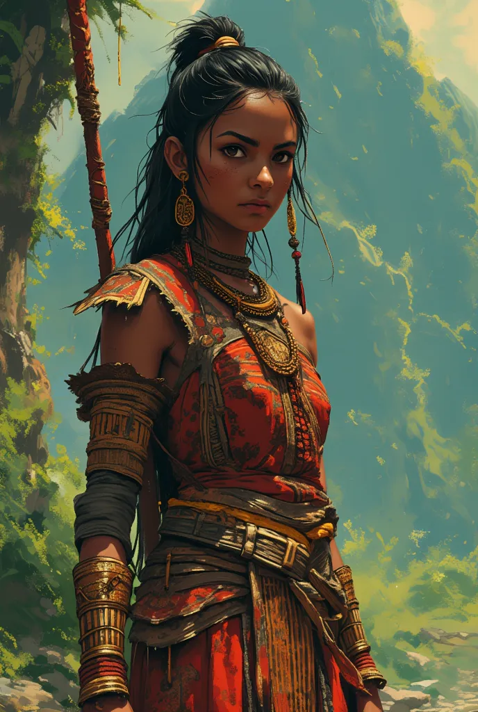 Young Indian woman, warrior, black skin, Indian warrior outfit, Indian weapon, draw this in an anime manga style