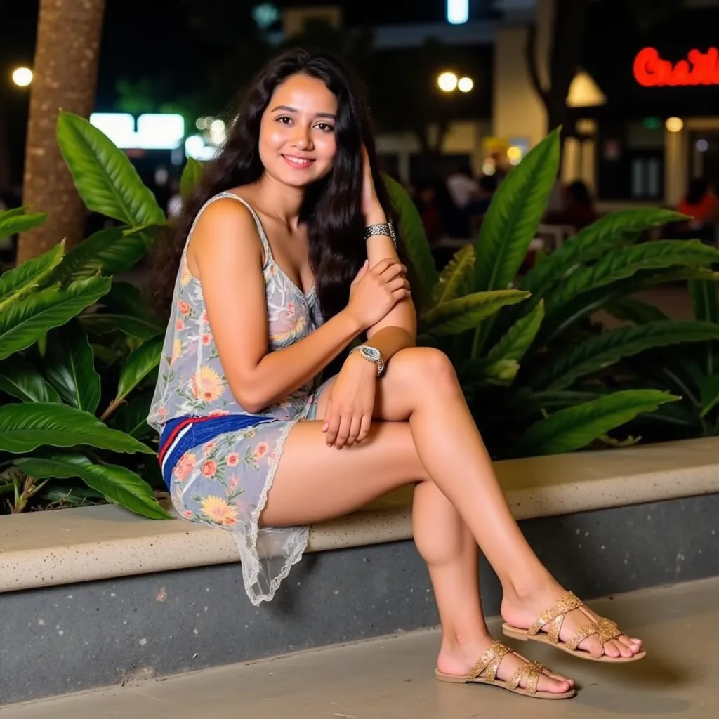 A young Indian skinny woman wearing a short, patterned see-through dress sits on a stone bench at night.

The image shows a young woman with long dark hair, fair skin, small breast, and a pleasant expression. She is wearing a short, see-through dress with ...