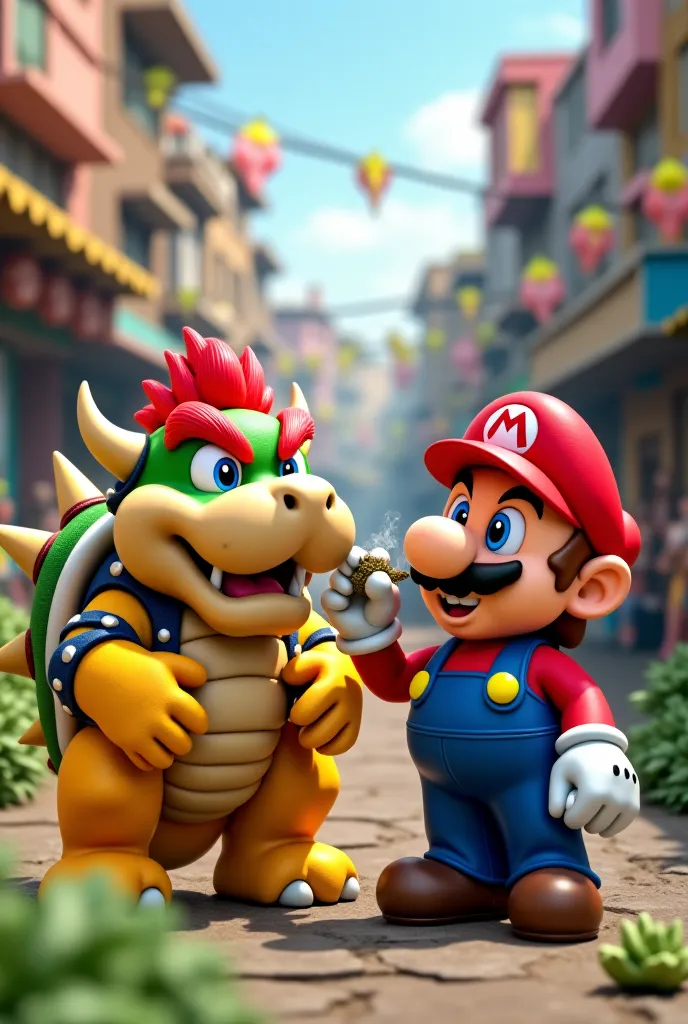 BOWSER AND MARIO BROSS SMOKING CANNABIS 3D STYLE 4K FULL HD, AT CARNIVAL IN THE FAVELA