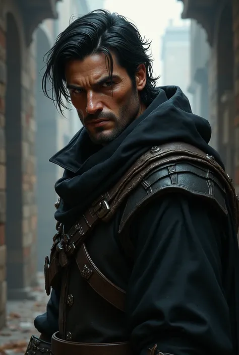 masterpiece, best quality, game cg, human, solo, male focus, looking at viewer, depth of field, dark brown hair, black eyes, rogue, medieval, adult,