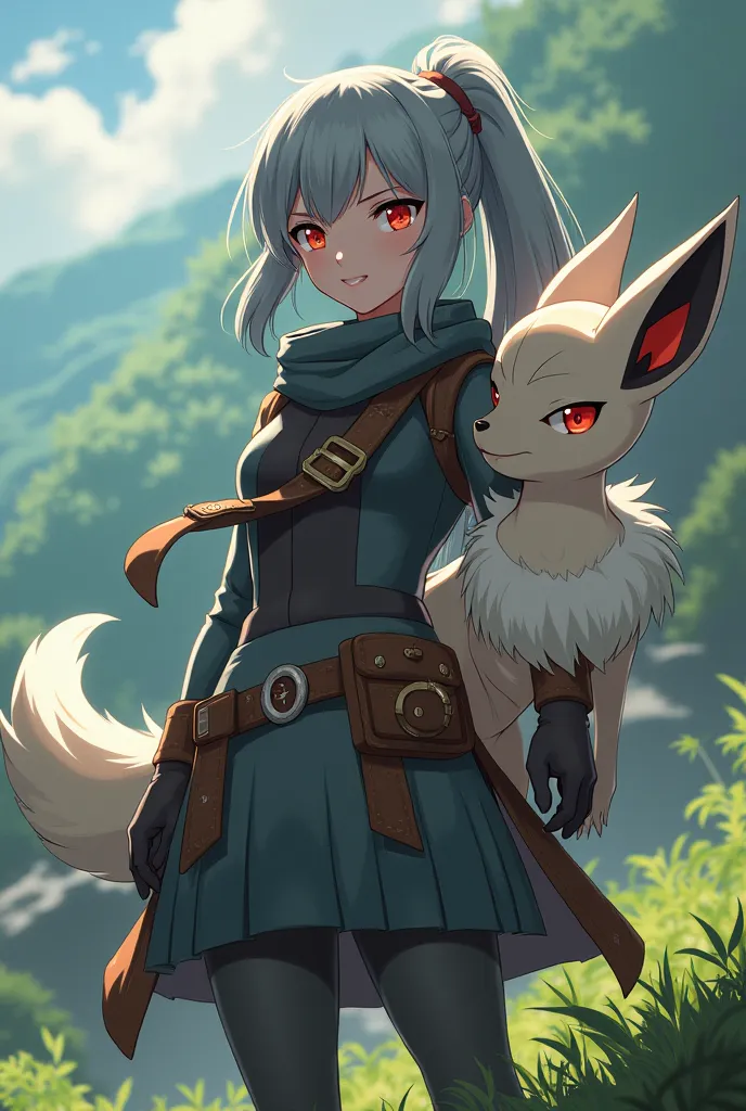 Female pokemon trainer with gray hair and red eyes with an evolved vulpix