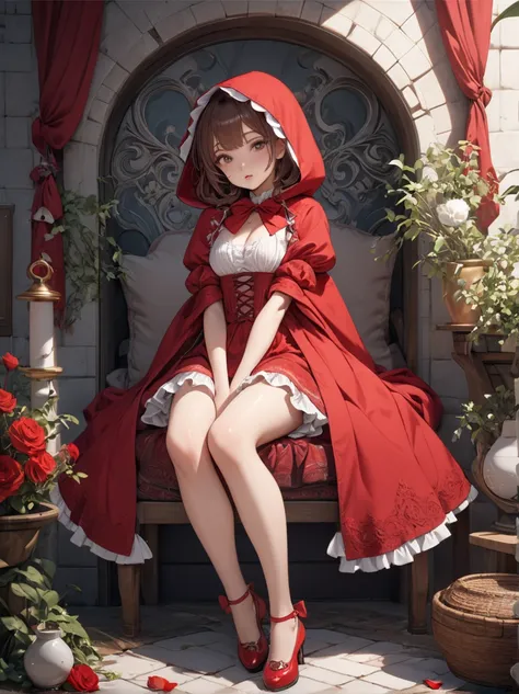 1 girl, masterpiece, Top Quality, 8k, fine skin, The texture of fine fabric , beautiful detailed face, complicated details, very detailed,  Little Red Riding Hood,  full body