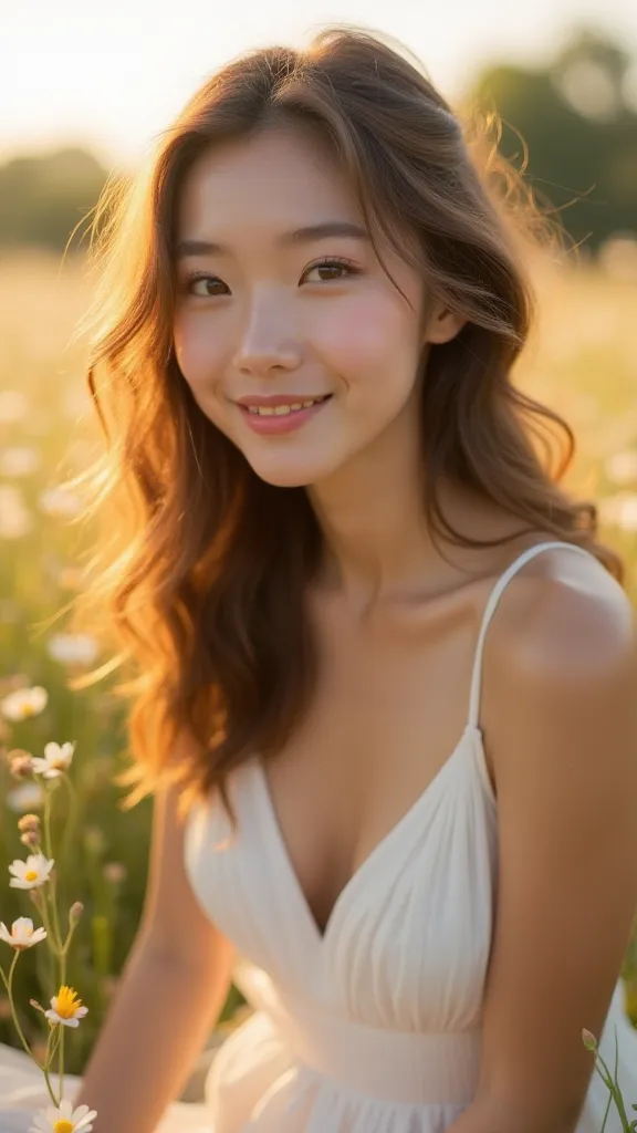 "A breathtakingly beautiful young woman with soft, wavy brown hair and deep hazel eyes. Her flawless, dewy skin glows in the warm golden sunlight. She wears minimal makeup, highlighting her natural elegance. Dressed in a flowing white dress, she sits in a ...