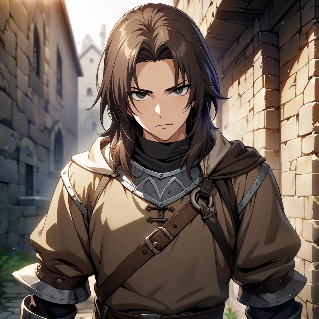 masterpiece, best quality, game cg, human, solo, male focus, looking at viewer, depth of field, dark brown hair, black eyes, rogue, medieval, adult,