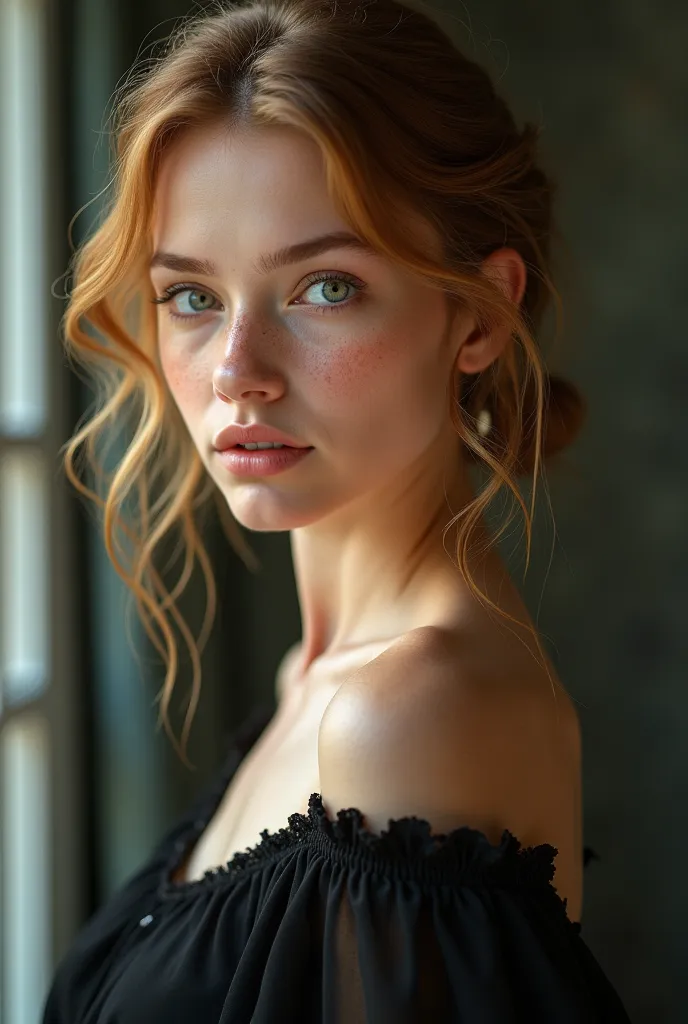 Beautiful , around the age of 18, Blond with a hint of auburn hair, deep green eyes, *faint* freckles, feminine soft features and a basic but elegant black dress