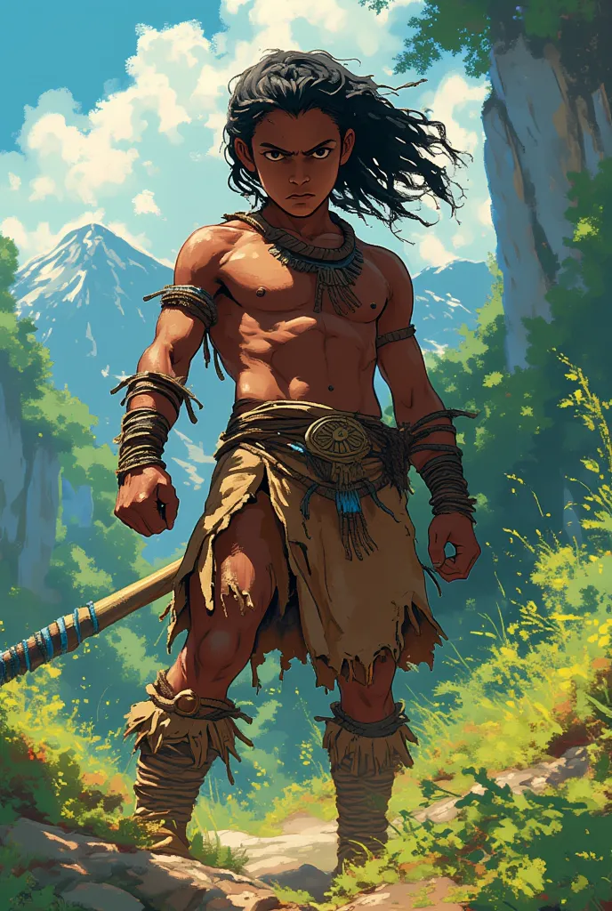 Young Indian man, warrior, black skin, Indian warrior outfit, Indian weapon, draw this in an anime manga style