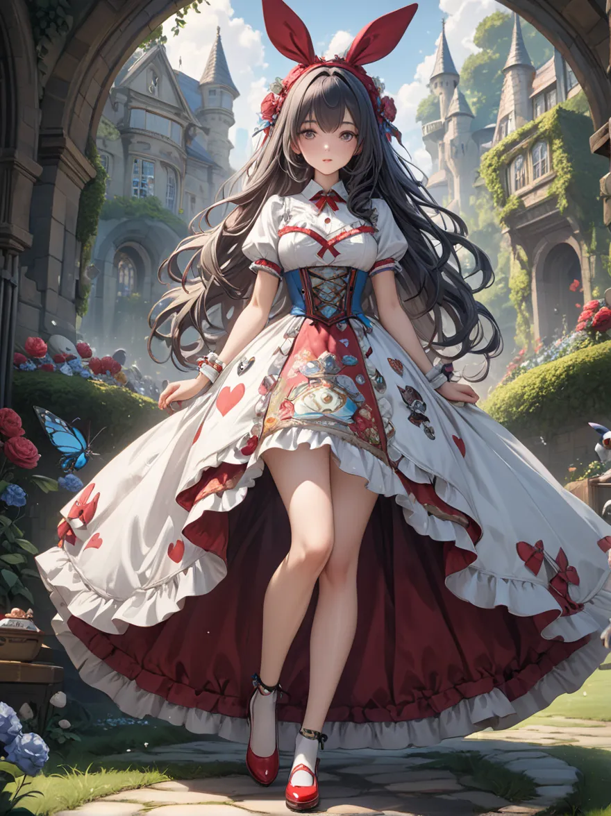 、1 girl, masterpiece, Top Quality, 8k, fine skin, The texture of fine fabric , beautiful detailed face, complicated details, very detailed, Alice in Wonderland,  full body