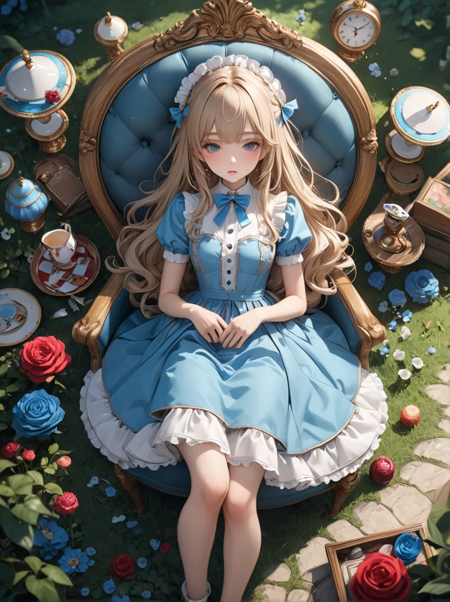 、1 girl, masterpiece, Top Quality, 8k, fine skin, The texture of fine fabric , beautiful detailed face, complicated details, very detailed, Alice in Wonderland,  full body