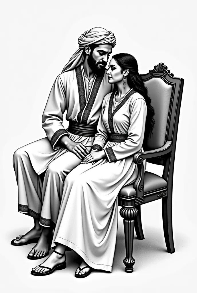 black and white drawing of a man and a woman, sitting on a chair , an i illustration of inspired by Altoon Sultan, popular on Pixabay, , Arab wrestling woman, persian folklore i illustration, official i illustration, Arab art, Arab night, Arab princess,  i...