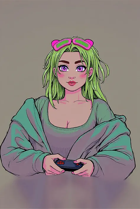 drawing of a woman, wearing heart shape goggles on her head with long green hair, purple eyes, wearing cozy sweater, holding a game controller.
