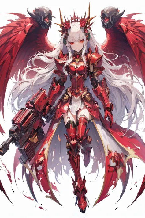 (masutepiece, Best Quality), Ultra-detailed, Anime style, devil girl full body, blood red power armor, warhammer 40k, White hair, golden eyes, and tears of blood, giant wing, high heels boots, Digital Painting, 8K High Resolution, trend artstation, White b...