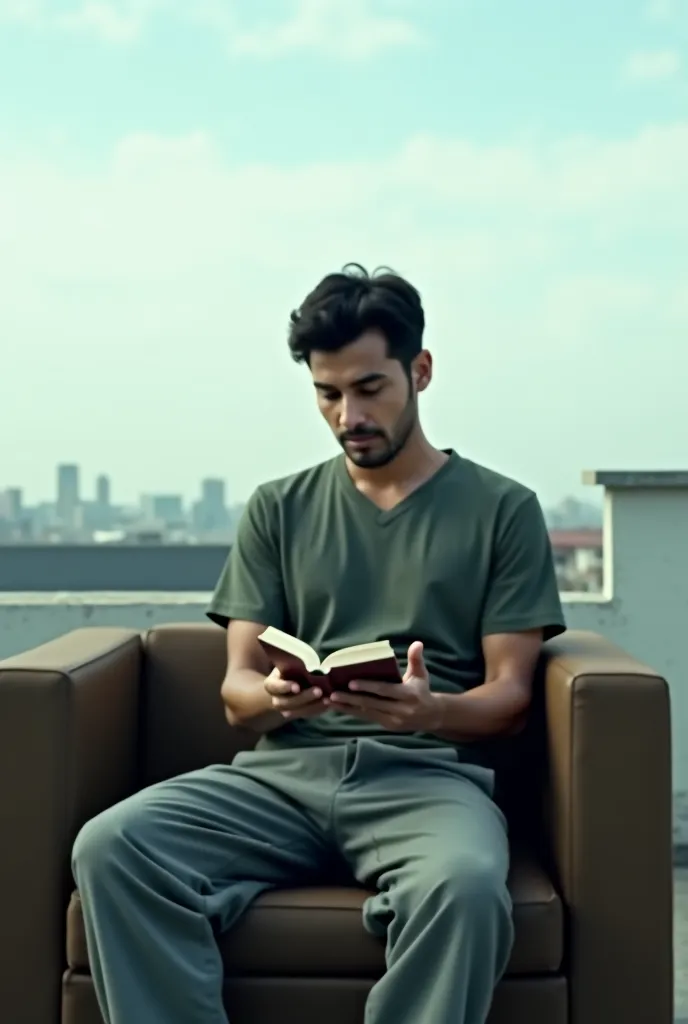 Create a image of this man reading novel at the roof top