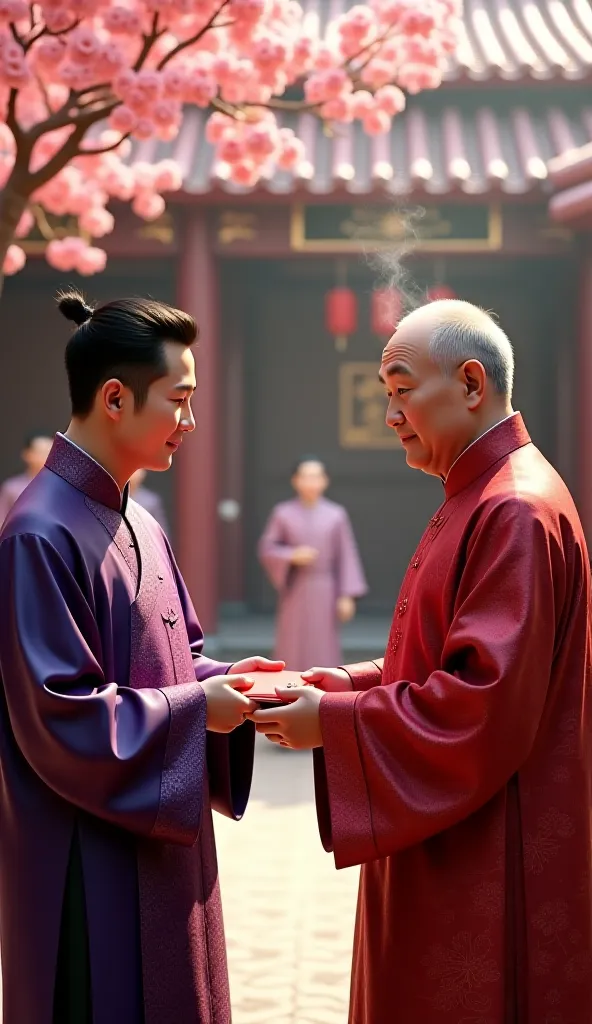 "Tuấn hands thick red envelope to middle-aged man in spacious courtyard, wearing a traditional purple brocade robe. Wide angle shot of peach tree in bloom, ancestral altar with smoke, and family members standing around. His left hand placed lightly on the ...