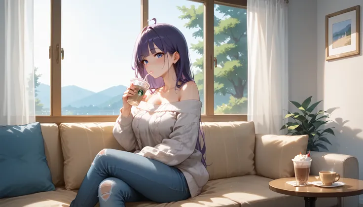 "A girl with a nice body and nice breasts, her vibrant purple hair cascading down her back, sits in a cozy café by a large window. She wears a soft, oversized sweater and skinny jeans, sipping a latte while gazing at raindrops sliding down the glass. The w...