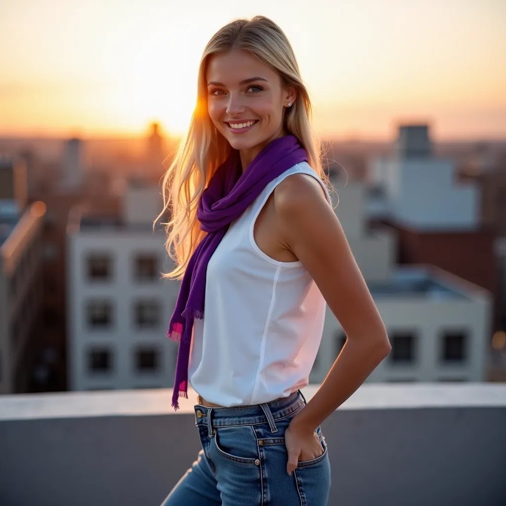 generates a hyper-realistic front full body photograph of an attractive and beautiful smiling 18-year-old swedish model, the photograph is taken on the roof of an apartment in New York, the photograph is taken from bottom to top and is taken at medium dist...