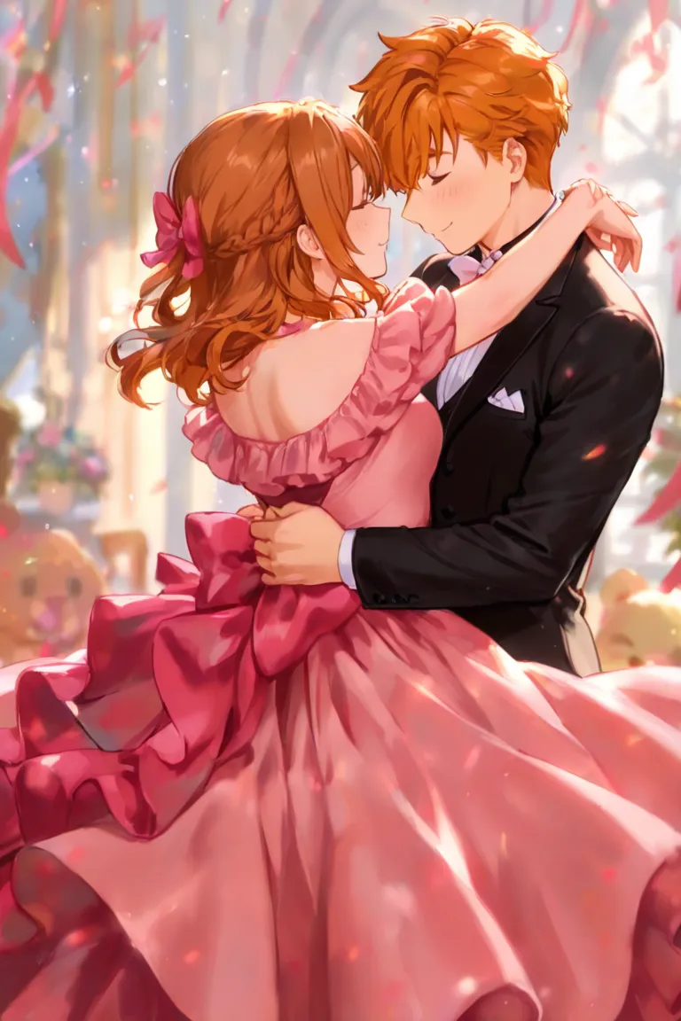 Couple dancing. A Brunette girl with an off the shoulder pink dress, and a ginger boy with a black tuxedo with a pink bow. They are adults