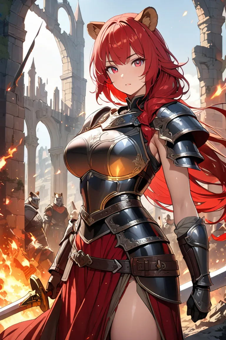 ((best quality)), ((masterpiece)), (detailed), perfect face, Highly detailed face, detailed eyes, (looking at viewer:1.2), (red hair), bangs, ((hair over shoulder)), floating hair, raccoon ears, The armor worn by medieval Western knights, the shiny design,...