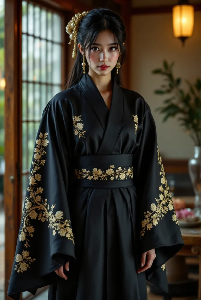  Clothes: black haori, decorated with gold patterns on the edges of the sleeves