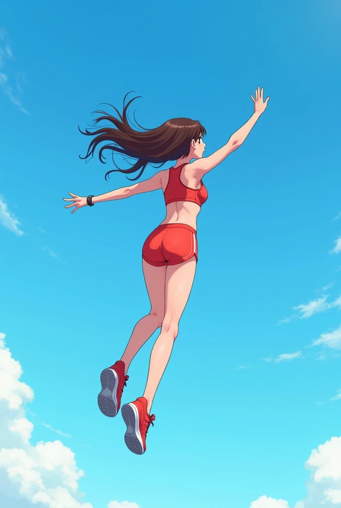 Anime brunette girl in sportswear falling from a blue sky