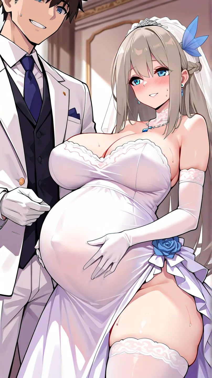 ((masterpiece)),(((best quality))),((ultra-detailed)),((illustration)),((disheveled hair)),((frills)),(1 girl),(solo),
Lexington \(warship girls r\),Flaxen hair,long hair,blue eyes,
1girl,pregnant,hetero,breasts,dress,gloves,thighhighs,wedding dress,big be...