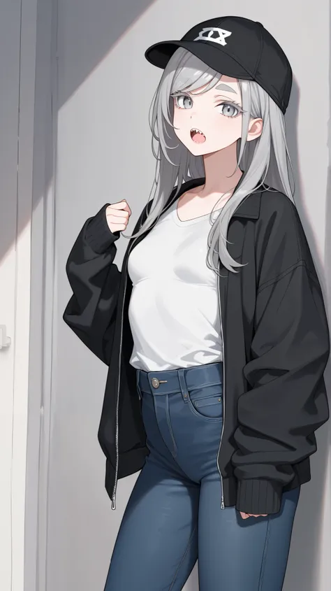 Solo, 1 girl, Sharp teeth, open mouth, looking at viewer, plain black cap, long hair, jacket, plain white shirt, jeans, small breasts, sleeves past wrists, aged up, grey hair, grey eyelashes, grey eyebrows, swept bangs