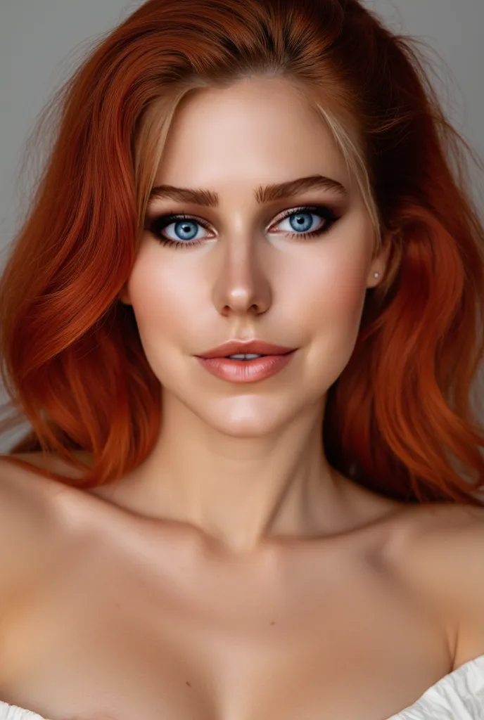 Photorealistic portrait of a 20-years-old supermodel in studio lighting, (DSLR 8K), ultra-sharp focus. heart-shaped face, Robust (green eyes:2), full glossy lips, seductive smile, looking at viewer. (vivid ruby-red hair:2), (Modern hairstyle:2), widow's pe...