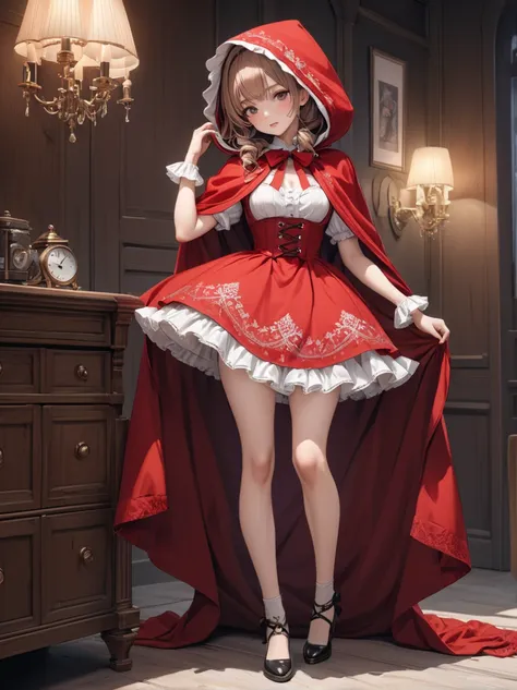 1 girl, masterpiece, Top Quality, 8k, fine skin, The texture of fine fabric , beautiful detailed face, complicated details, very detailed,  Little Red Riding Hood,  full body