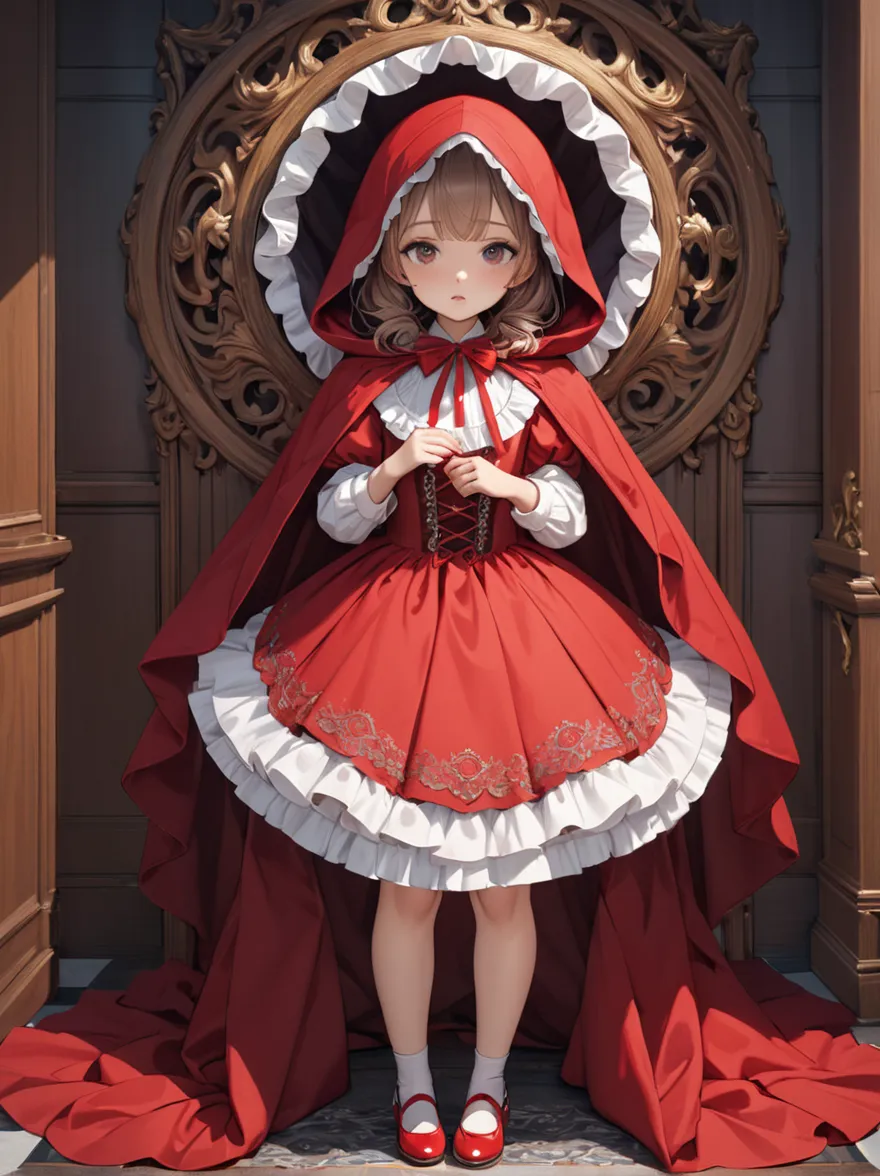 1 girl, masterpiece, Top Quality, 8k, fine skin, The texture of fine fabric , beautiful detailed face, complicated details, very detailed,  Little Red Riding Hood,  full body