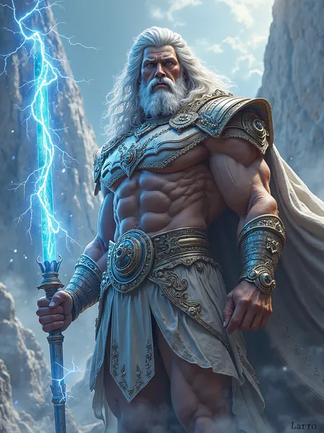 God Zeus the chief God of the mount Olympus wearing fancy armor with bright blue eyes holding his lightning bolt full body