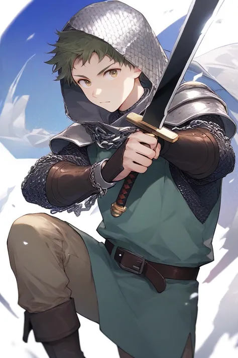 Solo, male, young boy, young appearance, lean, white pale skin, stoic facial expression, sharp facial features, medium height, chain mail armor, chain mail hood over head, chain mail light green tunic, brown pants, brown boots, wielding black sword, white ...