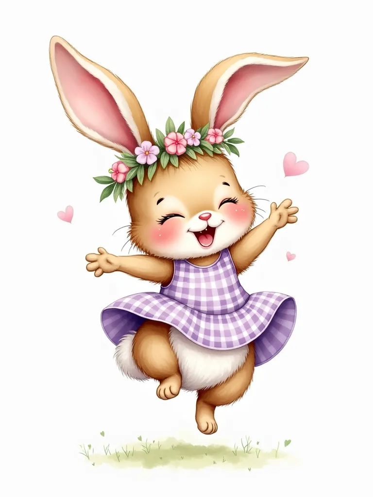 Cliparts beautiful, cute baby watercolor bunny,  jumping happy, laughs and dances on one leg l, wears a delicate flower wreath of spring flowers on his head and a round purple-white checkered dress. On a completely white background. cute, very beautiful an...