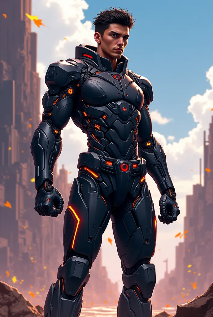 Young  man, warrior, black skin, cyborg warrior outfit, draw this in an anime manga style