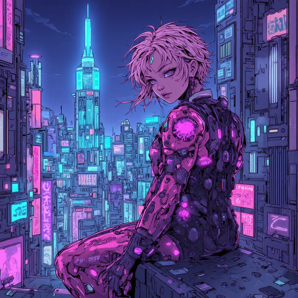 ((manga magazine)) ((perfect cyberpunk girl sitting on edge of a builing with a cyberpunk city below))),  ((dynamic pose)), ((led lights)), ((short, pink and curly hair))), ((light skin)), ((manga draw)), hot lights, (( cinematography lights)), barcode.