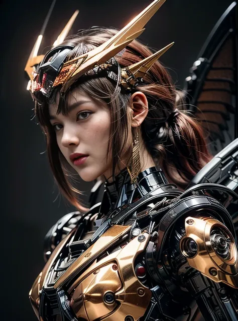 (top-quality:1.2, masterpiece)、ultra high resolution、extremely ultra surrealism, (Photorealsitic:1.4)、Raw photo、(Steampunk Battle Cyborg fallen angel)、(large mechanical bat wings)、black porcelain body、red  hair、glowy skin、1 Cyborg girl、(mechanical frame:1....