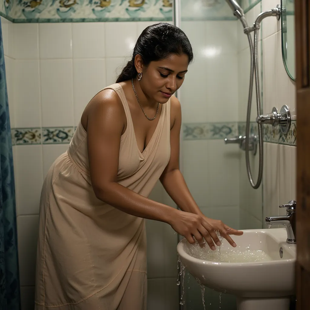 Girl with A see-through, wet, faded dress cleaning bathroom sights swacha bharat abhijan, tan colour skin