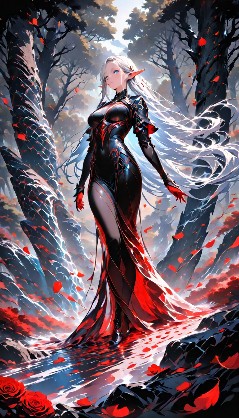 masterpiece, high score, great score, absurdres, anime comic picture, fantasy art, red petals falling from the sky on a beautiful female elf, standing in forest, cloud of red petals swirling around the ice statue, full body, beautiful elf, long icy hair st...