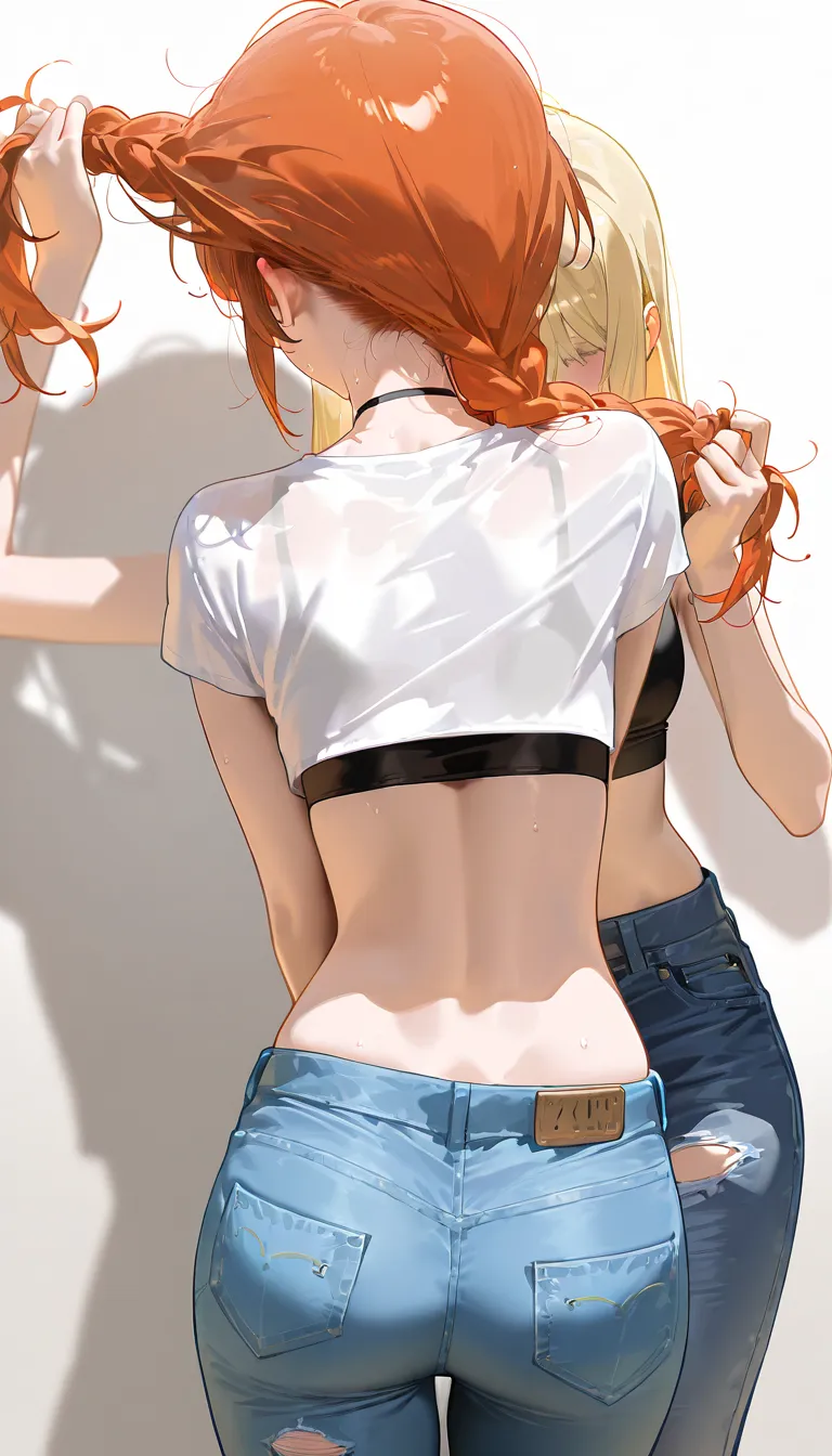 2girls, Grabbing someone else&#39;s hair, crop top, jeans, from behind,, masterpiece, best quality, very detailed