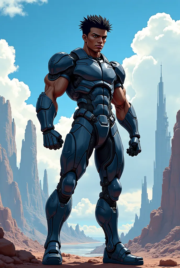 Young  black man, warrior, black skin, cyborg warrior outfit, draw this in an anime manga style