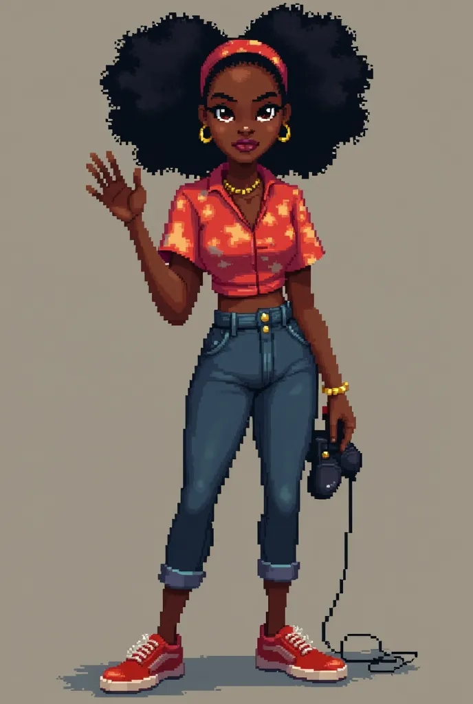 Revise the symbolic image of the "We can do it", in which a black woman appears in a pixelated version of a game character wearing the same clothes and accessories as the original image and making the same gesture, But holding a Playstation 1 joystick. Swa...