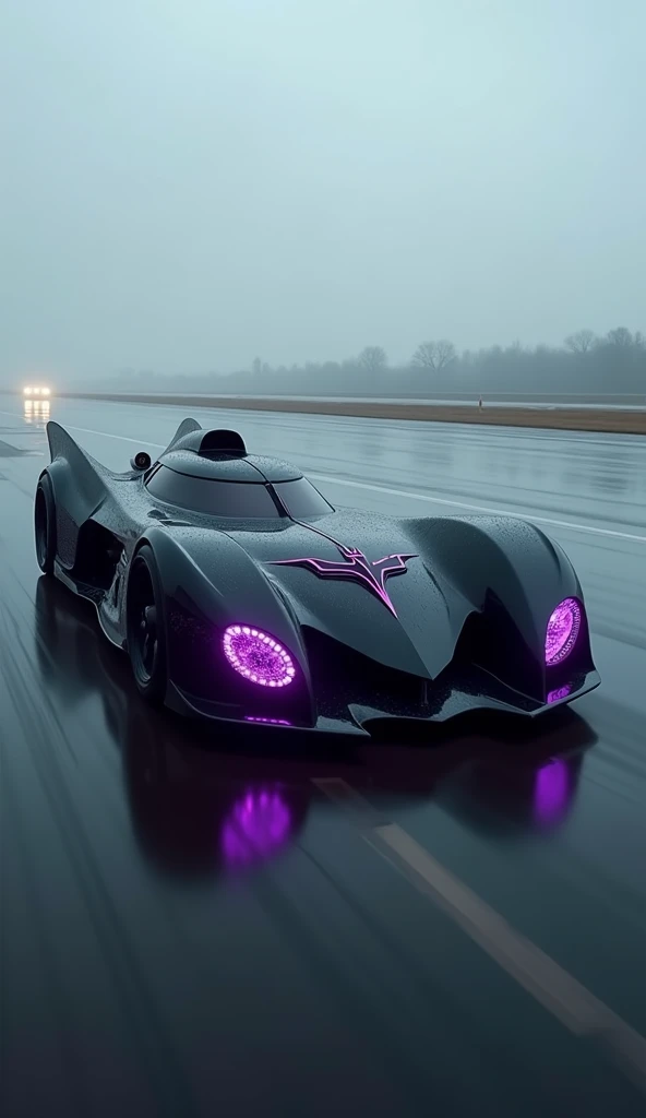 aerial view. Side of a modern Batmobile style vehicle, crossed on the, aerodynamic side runway, negro, technological, design ultramoderno, Large length,  robust, aggressive. purple details, Batman logo on the hood with purple neon. incredible quality, real...