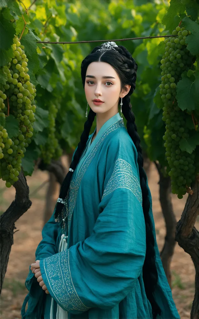 A beautiful Uyghur woman, dressed in traditional Uyghur clothing, with her hair braided into many small braids, standing under a grape trellis, surrounded by many grapevines, covered in grapes,wide angle lens, big scene, amazing movie visual effects, myths...