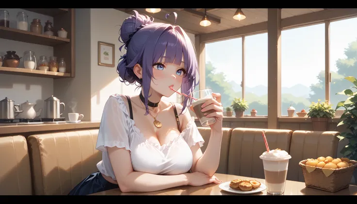 "A girl with a nice body and nice breasts sits in a charming café, her purple hair tied in a messy bun. She’s dressed in a white crop top and flowy skirt, sipping iced coffee while enjoying the view of the sun setting through the large glass windows. The g...