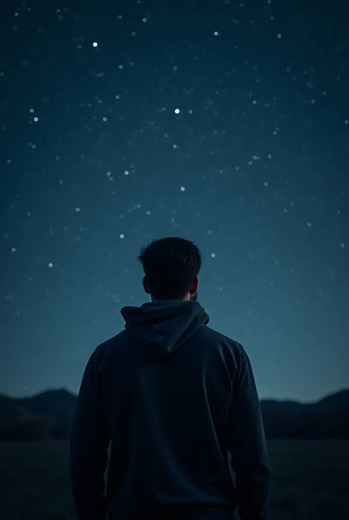 a man wearing hoodies looking at a night sky distance picture while the camera is facing his back and he put his hoodies on dim background