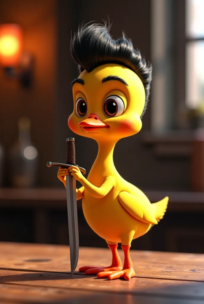 Un petit poussin jaune voyou  avec une coiffure  noire et orange ébouriffé,, A curved sword in his hand a pirate's eye funny Pixar humor full body seen from a distance setting a dark and dangerous medieval tavern mocking smile 