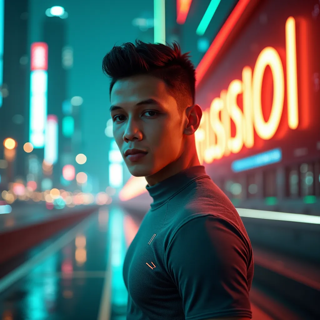 A striking album cover featuring a 30-year-old Indonesian man with a two-block haircut, his gaze intense and directed slightly off-camera, conveying a sense of confident introspection.  He’s positioned slightly off-center, three-quarter view, his body angl...