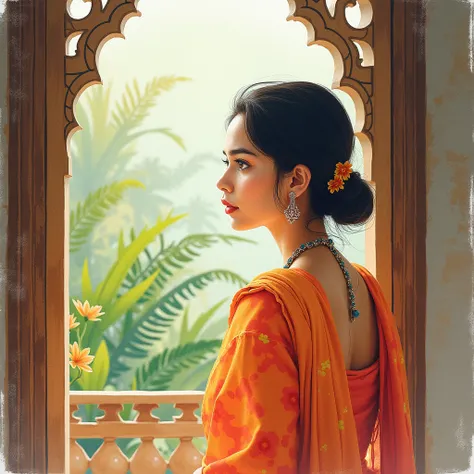 A watercolor painting of an  Sinhala Sri Lankan women , looking through a window.