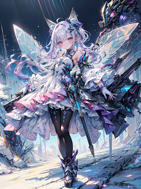 Best image quality、(((Ezvian Everywhere))),Character Portrait、Great style、Laugh hard、Beautiful feet、Leather shoes、Dynamic pose、, Organic Armor Cyborg、Machine Armor、Armor Texture、young、Gothic Lolita, (((Light purple hair))), Purple eyes, (mascara), Blunt ba...