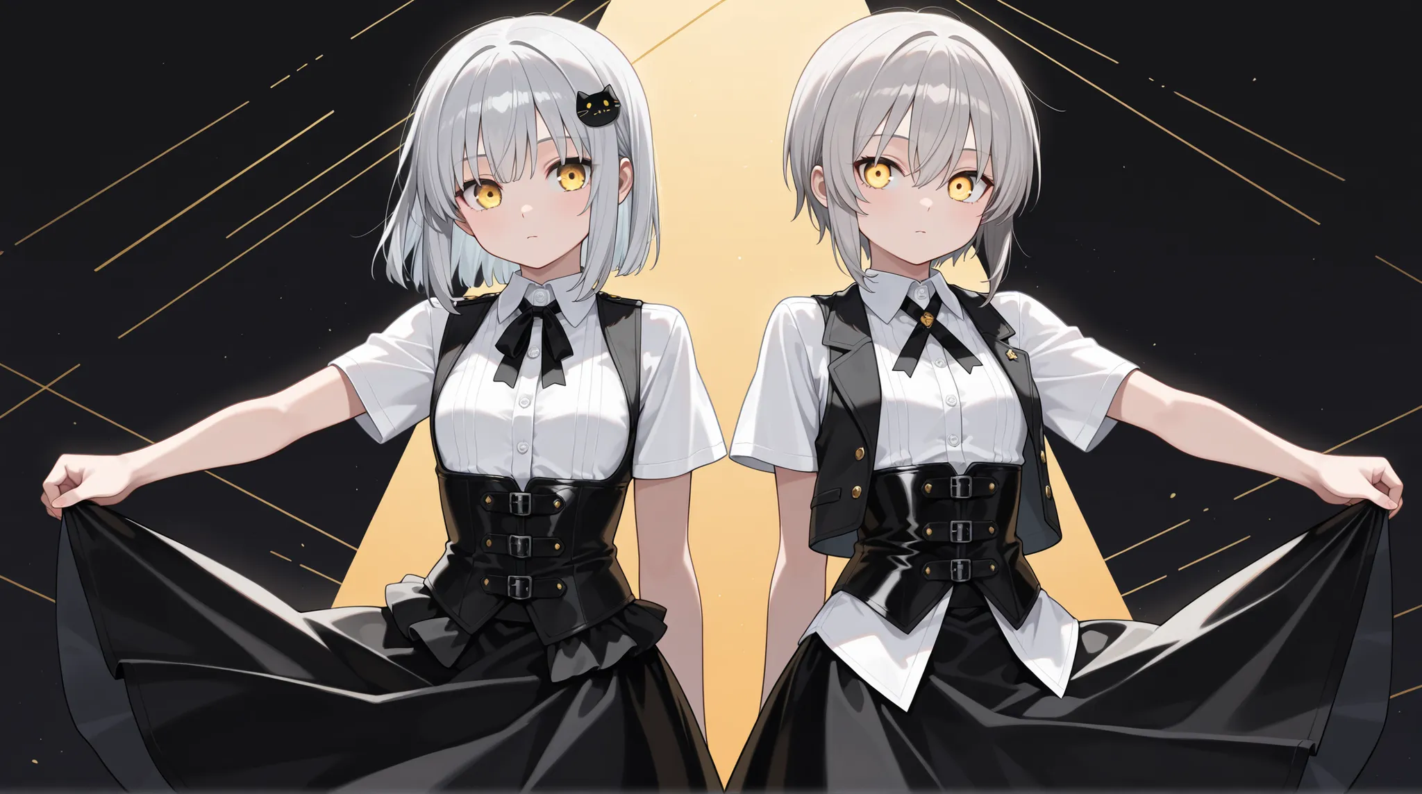 Girls, gray-haired, short-haired, yellow-eyed, small breasts, cat hair ornament, sidelocks, gray-haired, shiny hair, uniform, (golden eyes: 1.2), (two long triangular extensions on the skirt, vest corset on the stomach), white buttons of the vest corset, (...